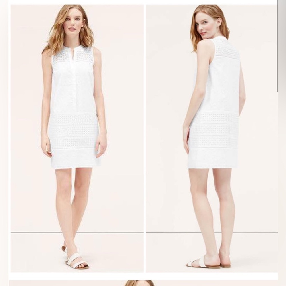 NEW LOFT White Mixed Eyelet Sleeveless Shift Dress button 100% cotton preppy 70s